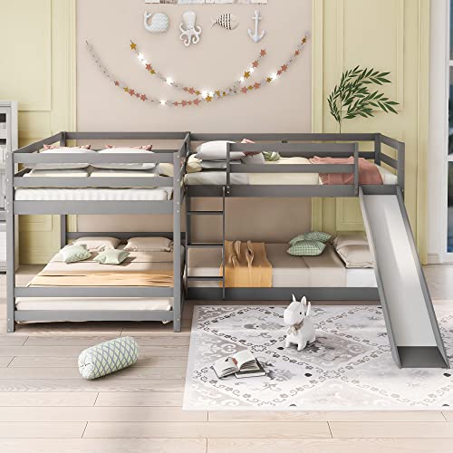 Jintop L-Shaped Bunk Bed with Slide & Ladder Grey