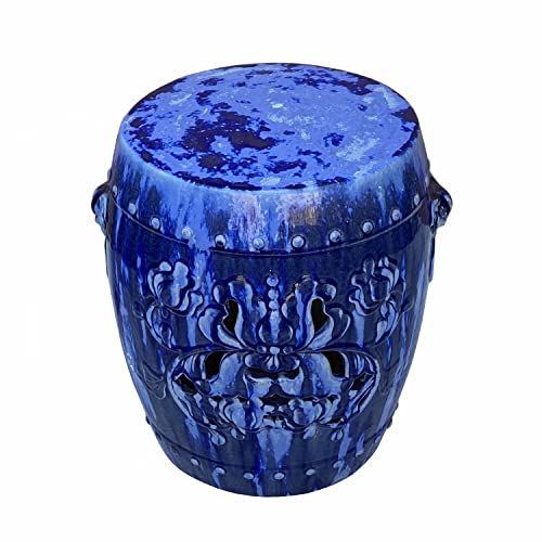 Orientliving Chinese Mixed Blue Round Lotus Clay Ceramic Garden Stool Table Blue