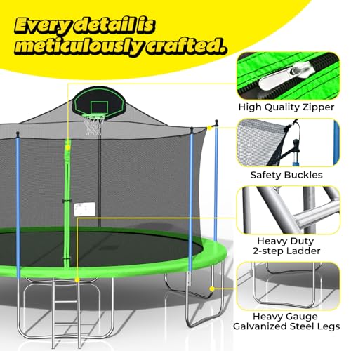 Roinoim 14FT Outdoor Trampoline with Swing, Slide, Basketball Hoop, Safety Enclosure, Ladder Green