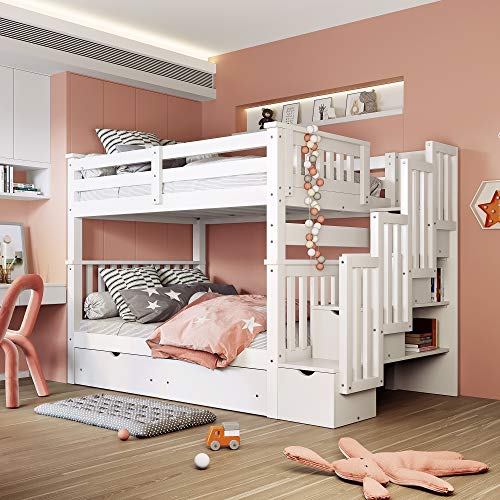 Harper & Bright Designs Full Over Full Bunk Bed with Storage Drawers and Stairway Shelves White