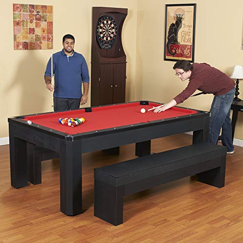 Hathaway Park Avenue 7-ft Pool Table Tennis Combination with Dining Top, Two Storage Benches - Black and Red Felt