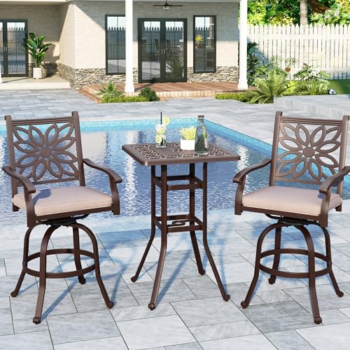 Sophia & William 3 Pieces Cast Aluminum Patio Bar Set with Square Bar Table and 2 Swivel Chairs