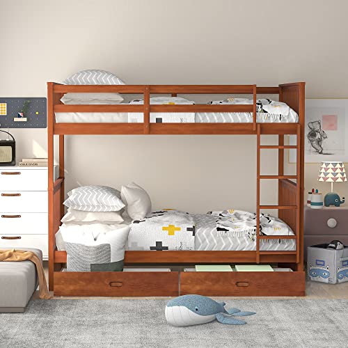Jintop Twin-Over-Twin Bunk Bed with Ladders & Storage Drawers Walnut