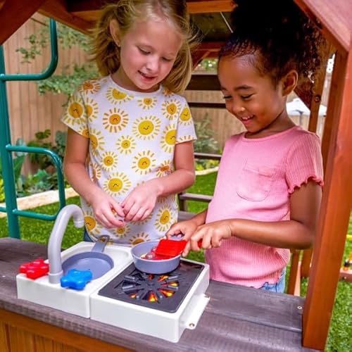 KidKraft Raptor Trail Wooden Swing Set with Twisty Ladder, Wavy Slide, Rock Wall Brown