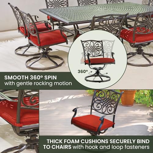 Hanover Traditions 11-Piece Modern Outdoor Dining Set with Rust Resistant Cast Aluminum Table and 10 Red Swivel Rocker Chairs