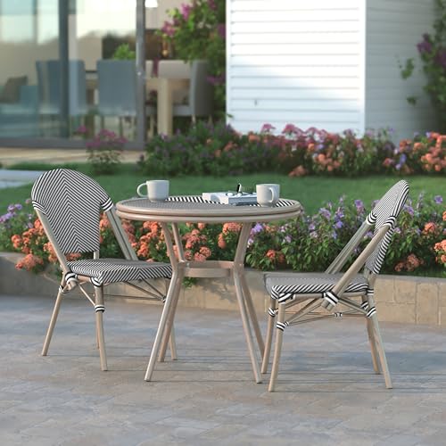 EMMA + OLIVER Massalia Indoor/Outdoor Bistro Set - Black & White Textilene - Light Natural Bamboo Frame