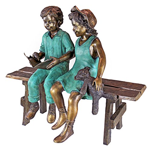Design Toscano Read to Me Boy and Girl on Bench Cast Bronze Garden Statue Two Tone Bronze & Verdigris
