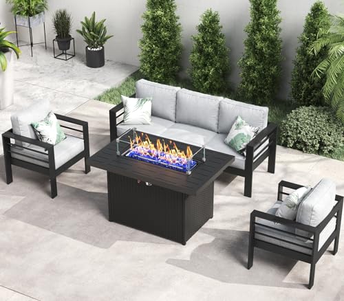 LayinSun Aluminum Furniture Set with Fire Pit Table 4-Piece Patio Sectional Sofa Black