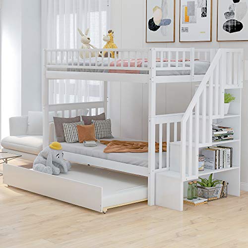 YOPTO Twin-Over-Twin Bunk Bed with Trundle and Storage Shelves White