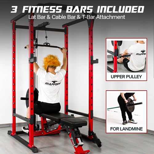 Mappding Power Cage with LAT Pulldown, Multi-Functional Squat Rack Red