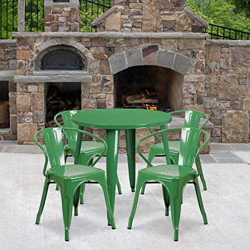 Flash Furniture Commercial Grade 30" Round Metal Indoor-Outdoor Table Set with 4 Arm Chairs Green