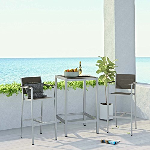 Modway Shore Aluminum 3-Piece Outdoor Patio Pub Bistro Set Silver Gray