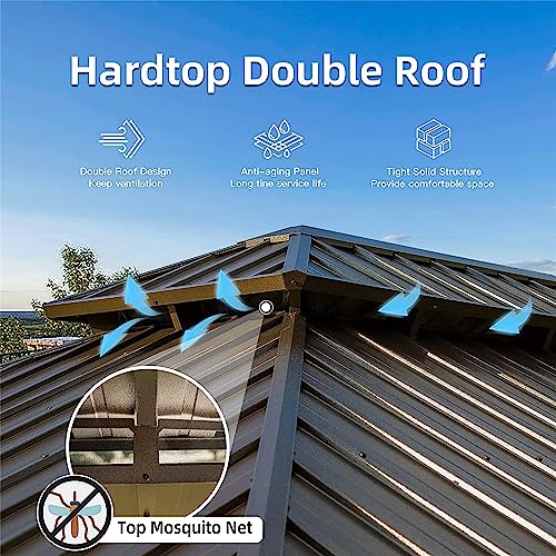 LOPOO Hardtop Gazebo with Curtains & Netting - Aluminum Frame Pavilion with Steel Double Roof Canopy for Patio, Backyard, Lawn - Yellow Brown 12ft x 20ft