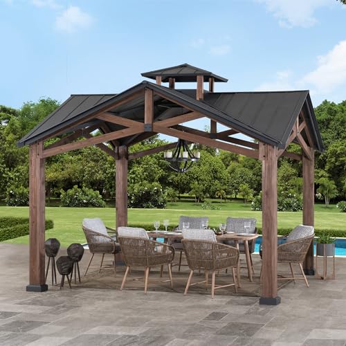 Sunjoy 12.5 x 12.5 ft. Hardtop Gazebo Outdoor Cedar Frame with Steel Roof Black