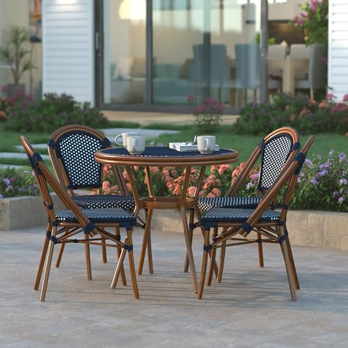 EMMA + OLIVER Soie Bistro Set Navy & White Rattan with Natural Frame