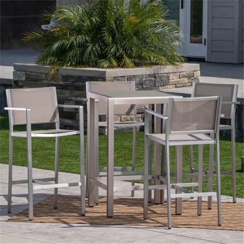 Noble House Cape Coral Outdoor 5 Piece Glass Top Aluminum Bar Set Grey