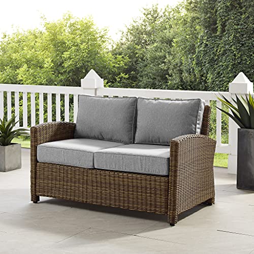 Crosley Furniture Bradenton Wicker Outdoor Loveseat Weathered Brown with Gray Cushions