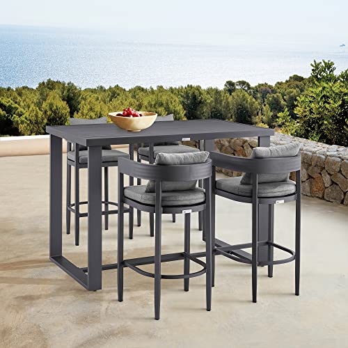 Armen Living Argiope Modern Outdoor Patio Bar Table and Stools Set 5 Piece Dark Grey