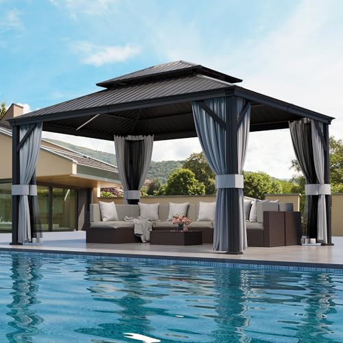 Pamapic 12'x14' Hardtop Gazebo with Netting and Curtains Black