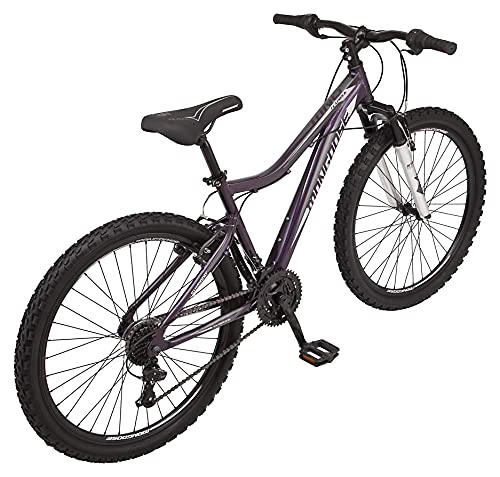 Mongoose Flatrock Womens Hardtail Mountain Bike 26-Inch Wheels 21 Speed Twist Shifters 16-Inch Lightweight Aluminum Frame Purple