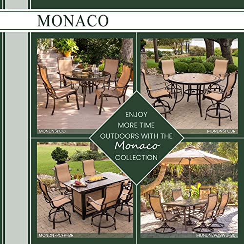 Hanover Monaco 5-Piece Outdoor Patio Dining Set with 4 Cushioned Swivel Rocker Chairs and 51" Round Tile-Top Table, Brushed Bronze Finish Tan