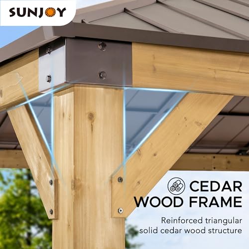 Sunjoy Hardtop Gazebo 11x13 ft Cedar Frame Brown Steel Polycarbonate Roof Brown + Natural Wood