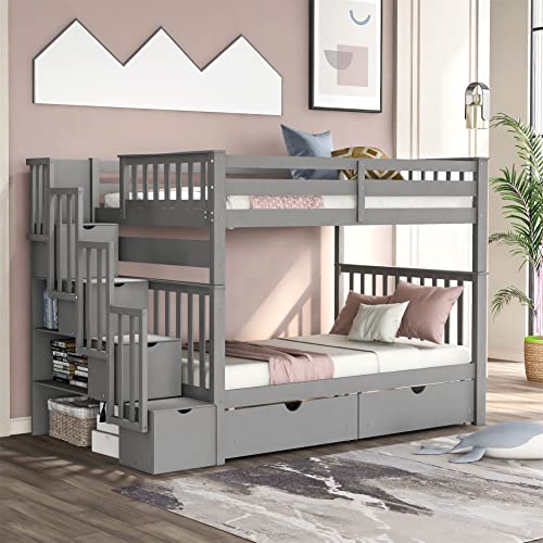 Harper & Bright Designs Full Over Full Bunk Bed with Storage Drawers and Stairway Grey