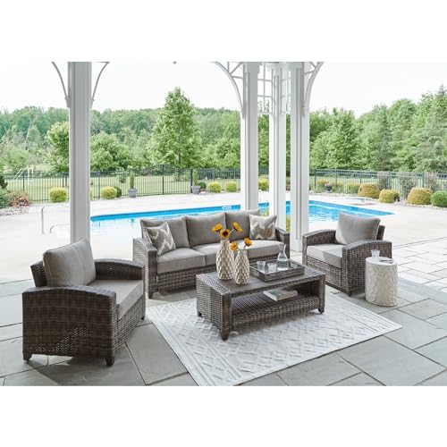 Signature Design by Ashley Oasis Court Outdoor Sofa Chair Table Set 4-Piece with Cushions and Pillows Grey