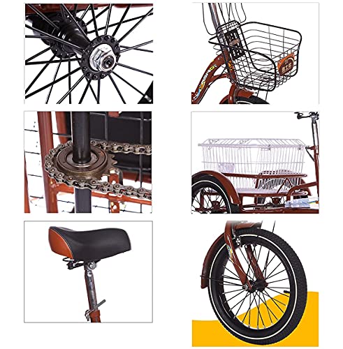 FGVDJ Adult Tricycle 16" Trike Cruiser Bike 1 Speed Cargo Cycling with Light & Basket Brown