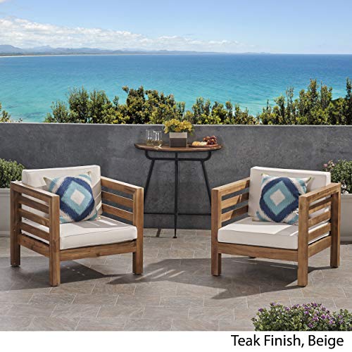 GDFStudio Louise Outdoor Acacia Wood Club Chairs with Cushions Set of 2 Teak Finish Beige