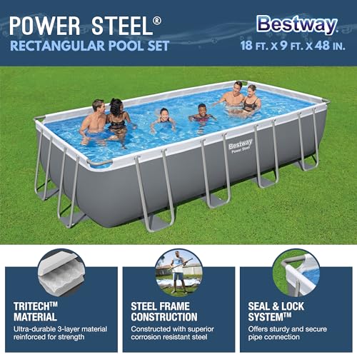 Bestway Power Steel Rectangular Metal Frame Swimming Pool Set Gray