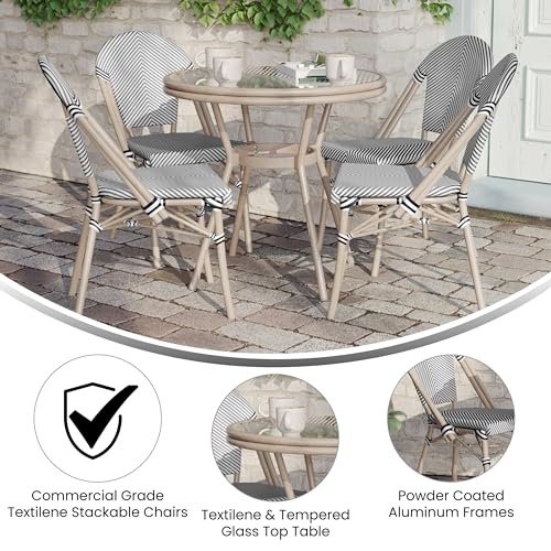 Flash Furniture Marseille Indoor/Outdoor Bistro Set - Tempered Glass Top Table with 4 Chairs - Black & White Textilene/Light Natural Frame