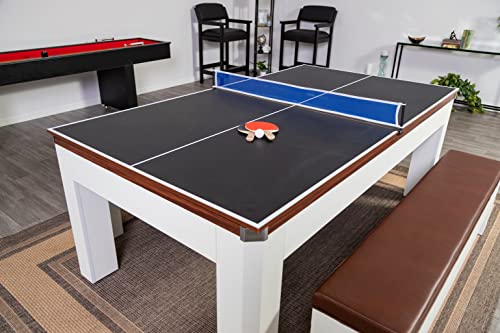 Hathaway Newport 7-ft Pool Table Tennis Combination with Dining Top, Two STO Newport II 7-ft Pool Table Combo Set with Benches - White with Camel Felt - Walnut