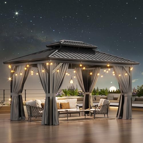 Aoxun 10Ft x 14Ft Hardtop Gazebo Aluminum Outdoor Pavilion with Netting and Curtains Gray
