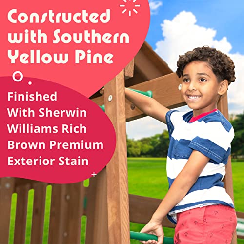 Creative Playthings LTD. Northbridge Pack 4 Wooden Swing Set with Climbing Wall, Swings & Slide, Yellow