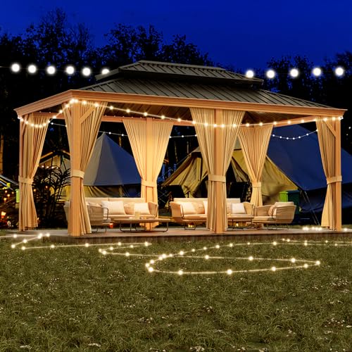 Litake 12x20ft Hardtop Gazebo Double Roof with Nettings and Curtains Brown