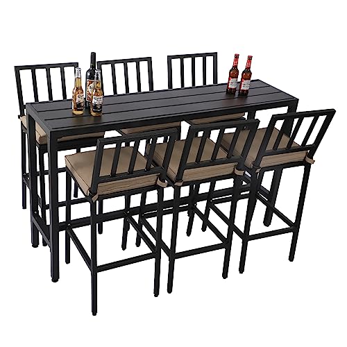 ONLYCTR 7 Piece Outdoor Bar Set with Cushions, Metal Patio Bar Table and Stools, Black