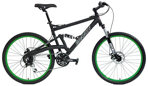 Gravity 2025 FSX 2.0 Dual Suspension Mountain Bike Matt Black with Green Wheels 17inch