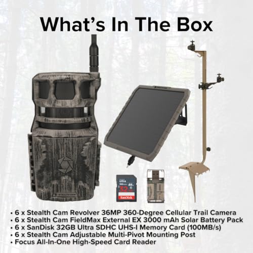Stealth Cam Revolver 36MP 360-Degree Cellular Trail Camera Bundle with Solar Battery Pack, Mounting Post, 32GB Memory Card, and SD Card Reader