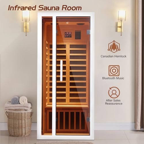 Vanity Art 2024 Far Infrared Sauna 1 Person Hemlock Wood Low EMF 6 Heating Panels 1660 Watt Bluetooth LCD LED Lights