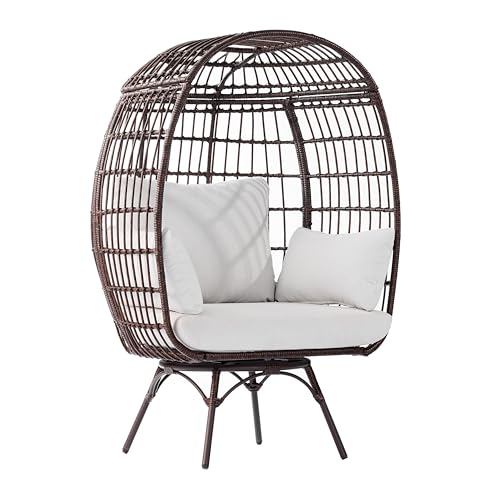 Flash Furniture Zola Oversized Wicker Egg Chair with 360° Swivel, High Back, 4 Cream Cushions/Brown Frame