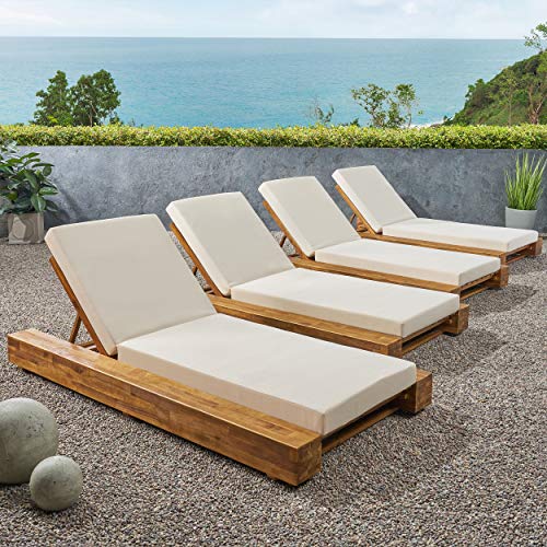 Great Deal Furniture Outdoor Acacia Wood Chaise Lounge Set of 4 Sandblast Teak Finish, Cream