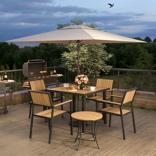 Pamapic 6-Piece Outdoor Aluminum Patio Dining Set with Plastic-Wood Table Top and 4 Stackable Chairs Teak