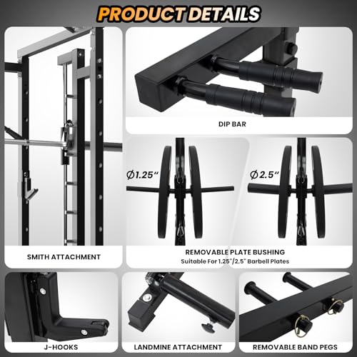 STMHOM Power Cage with Smithbar, 2000 Lbs Rack, Cable Crossover, LAT Pulldown, Black