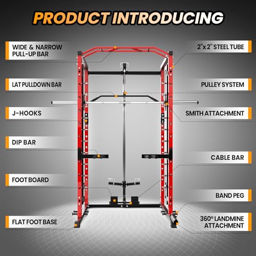 GarveeLife Power Cage SmithBar Rack 1600 LBS with LAT Pulldown & Cable System Red