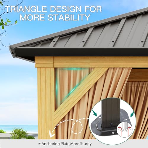 Agrestem 10X12FT Outdoor Galvanised Steel Hardtop Gazebo with Netting and Sunshade Curtains Wood Grain