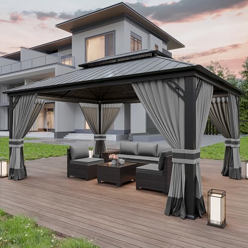 Kurapika 12' x 16' Hardtop Gazebo Outdoor Metal Pavilion with Canopy and Netting Gray