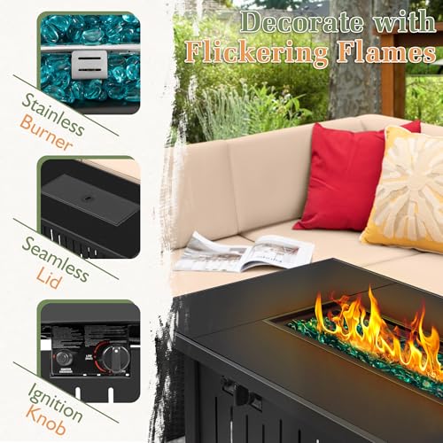 Greesum 13-Piece Patio Furniture Set with PE Rattan Sectional Sofa and 43in Gas Fire Pit Table Beige
