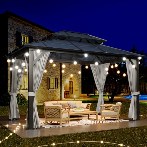 Agrestem 10X13 FT Outdoor Polycarbonate Hardtop Gazebo with Netting and Sunshade Curtains, Grey
