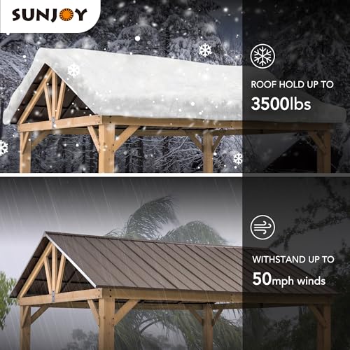 Sunjoy Wood Gazebo 13x15 ft Premium Cedar Frame with Brown Steel Hardtop Roof Brown + Natural Wood